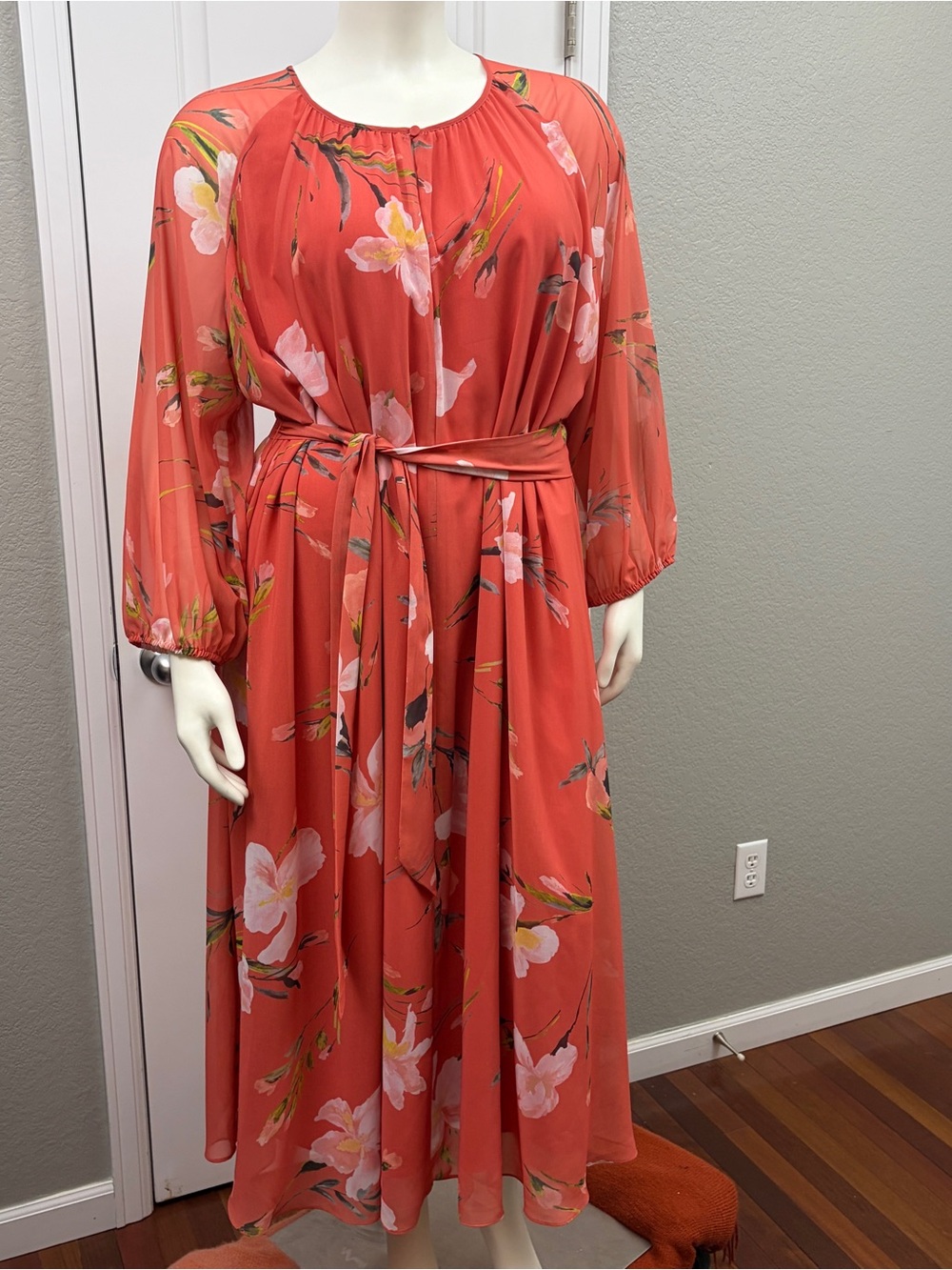 Marina Rinaldi Persona NWT Coral Floral Chiffon Maxi Dress | US 22 | Belted